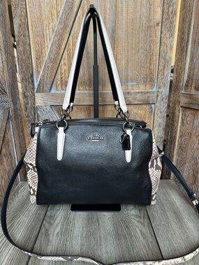 Coach F57507 Christie Black Leather Python Snake Skin Shoulder Crossbody Tote